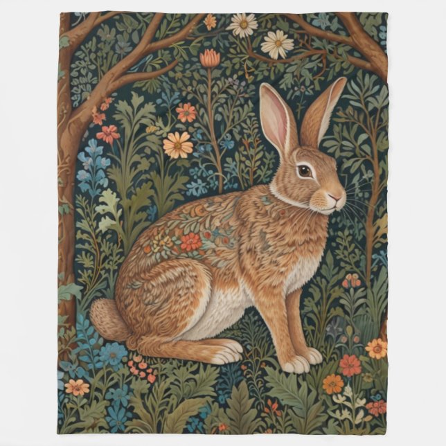 Elegant retro boho rabbit woodland floral fleece blanket (Front)