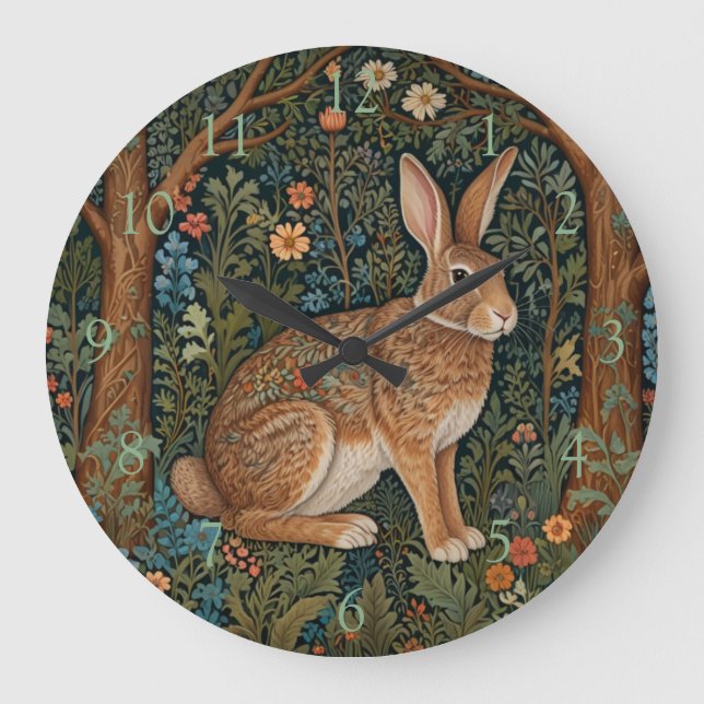 Elegant retro boho rabbit woodland floral large clock (Front)