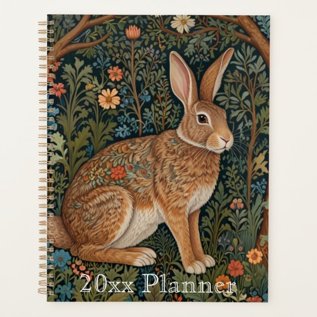 Elegant retro boho rabbit woodland floral planner (Front)
