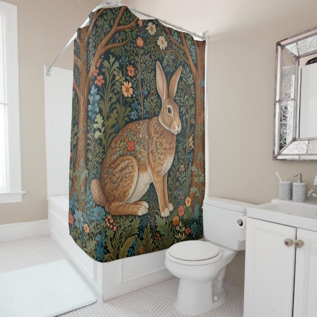 Elegant retro boho rabbit woodland floral shower curtain (In Situ)