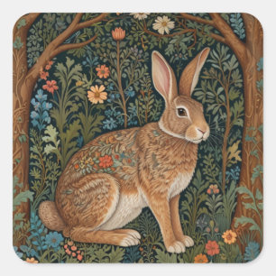 Elegant retro boho rabbit woodland floral square sticker