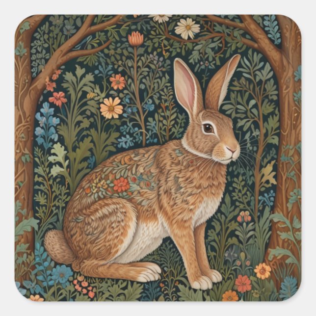 Elegant retro boho rabbit woodland floral square sticker (Front)