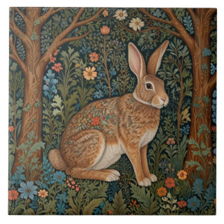 Elegant retro boho rabbit woodland floral tile