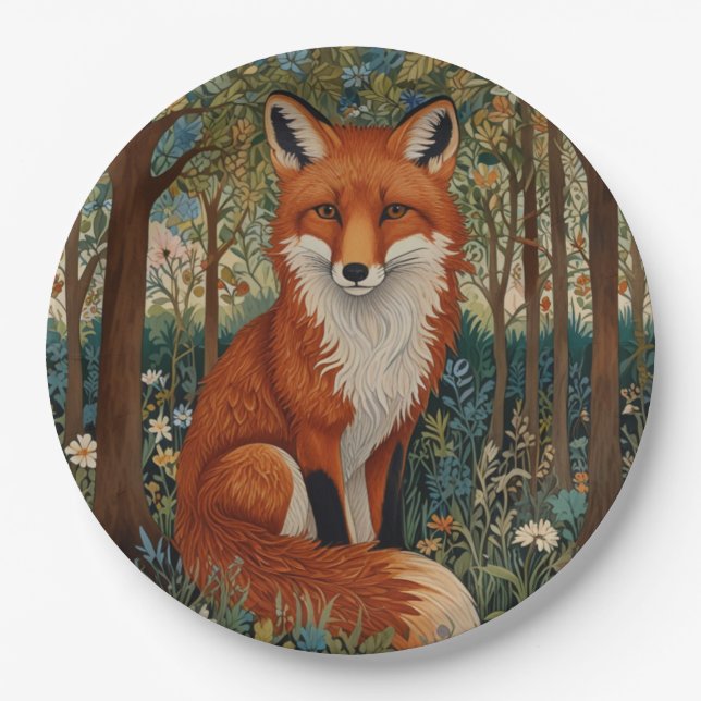 Elegant retro boho red fox woodland animal paper plate (Front)