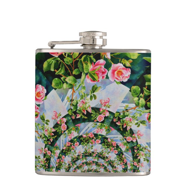 Elegant retro boho watercolor pink floral  hip flask (Front)
