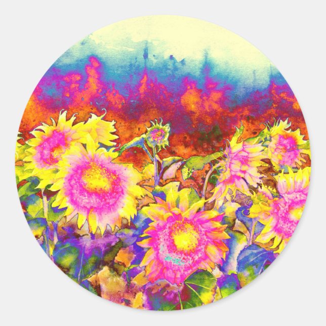 Elegant retro boho watercolor sunflower fields classic round sticker (Front)