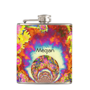 Elegant retro boho watercolor sunflower fields hip flask