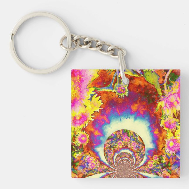Elegant retro boho watercolor sunflower fields key ring (Front)