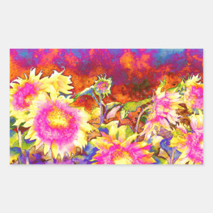 Elegant retro boho watercolor sunflower fields rectangular sticker