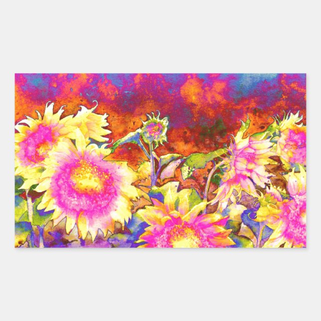 Elegant retro boho watercolor sunflower fields rectangular sticker (Front)