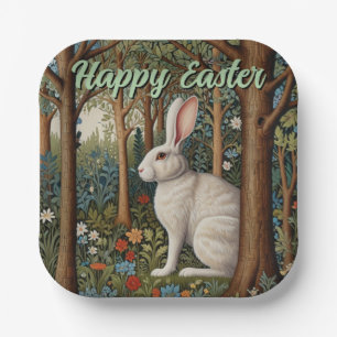 Elegant retro boho white rabbit woodland Easter Paper Plate