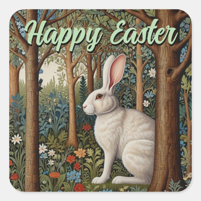 Elegant retro boho white rabbit woodland Easter Square Sticker (Front)