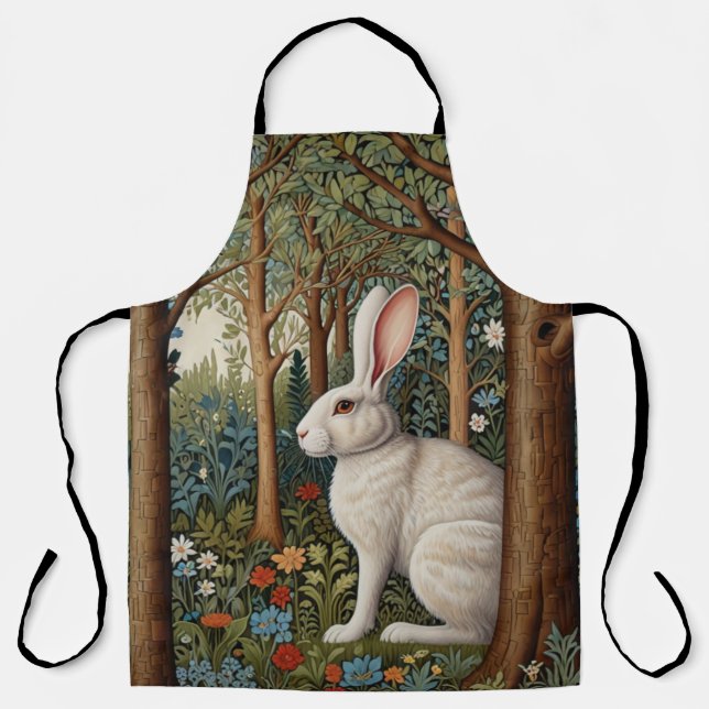 Elegant retro boho white rabbit woodland floral apron (Front)