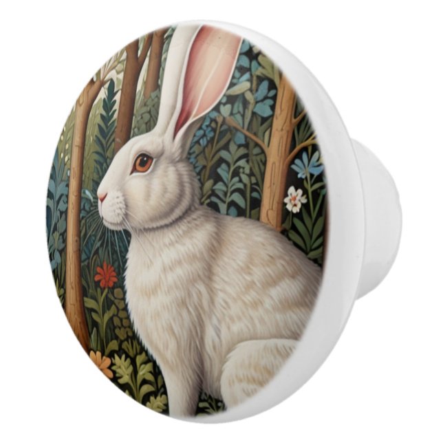Elegant retro boho White rabbit woodland floral Ceramic Knob (Right)