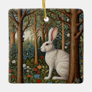 Elegant retro boho white rabbit woodland floral ceramic ornament