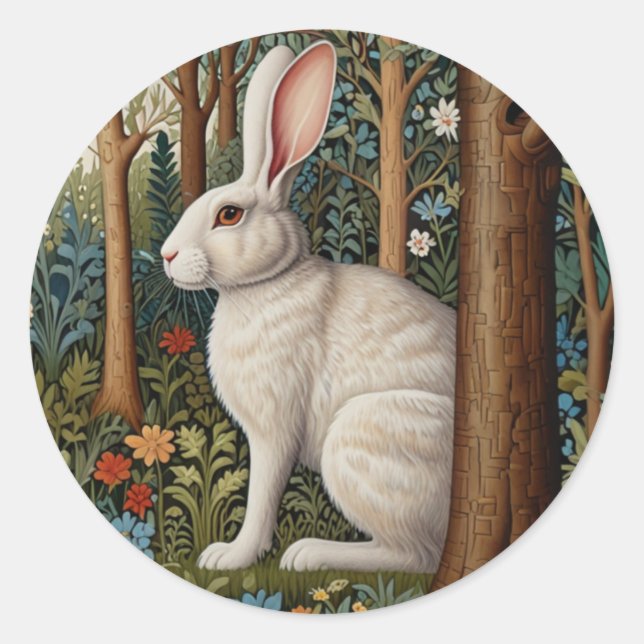Elegant retro boho white rabbit woodland floral classic round sticker (Front)