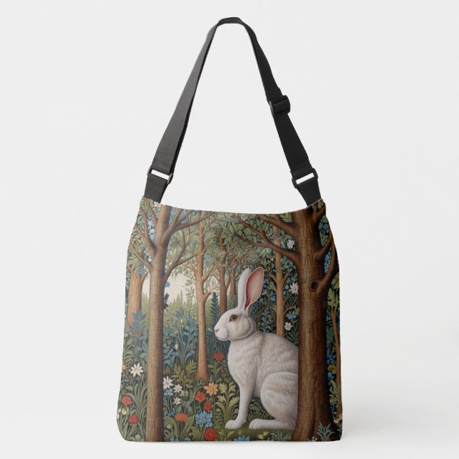 Elegant retro boho white rabbit woodland floral crossbody bag (Front)