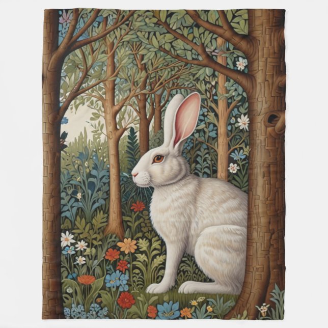 Elegant retro boho white rabbit woodland floral fleece blanket (Front)