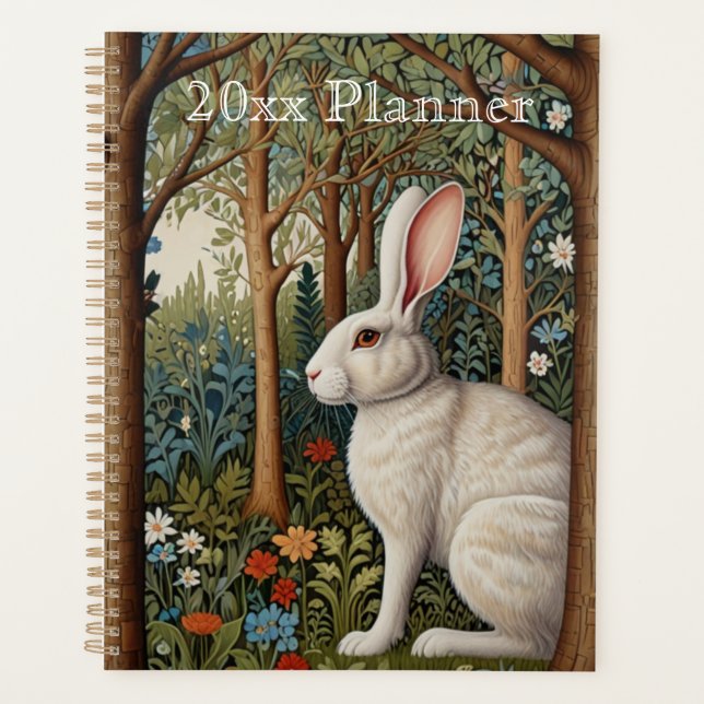 Elegant retro boho white rabbit woodland floral planner (Front)