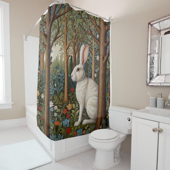 Elegant retro boho white rabbit woodland floral shower curtain (In Situ)