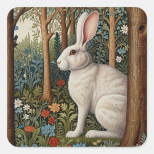 Elegant retro boho white rabbit woodland floral square sticker