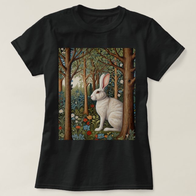Elegant retro boho white rabbit woodland floral T-Shirt (Design Front)