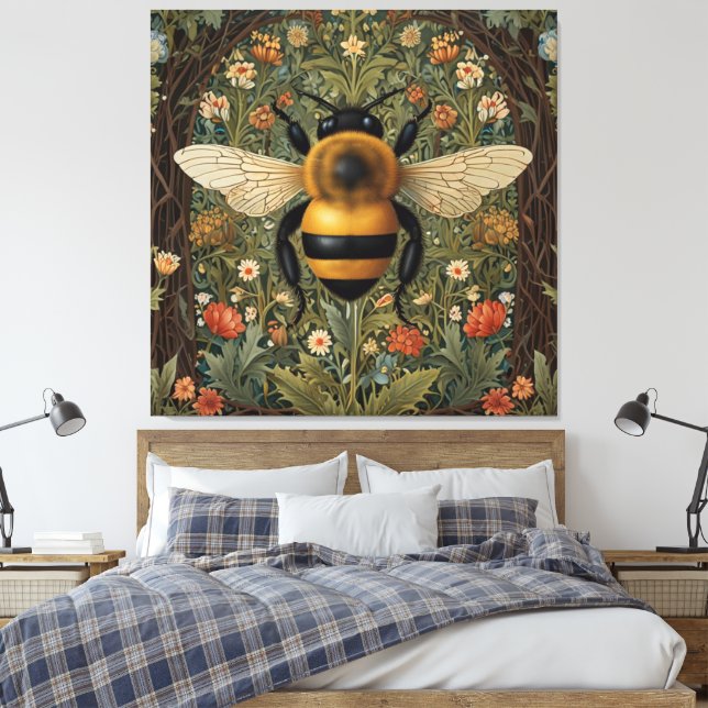 Elegant retro bumblebee boho botanical floral art canvas print (Insitu(Bedroom))