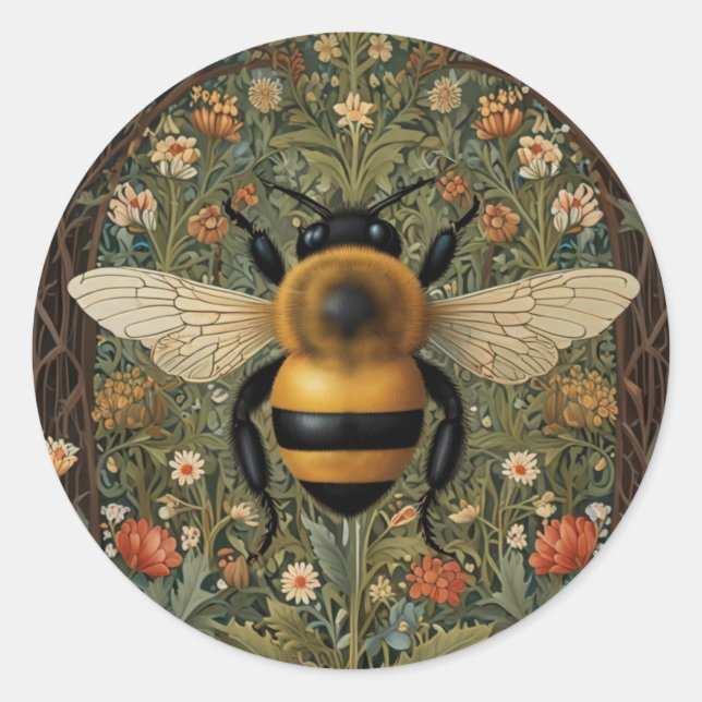 Elegant retro bumblebee boho botanical floral art classic round sticker (Front)