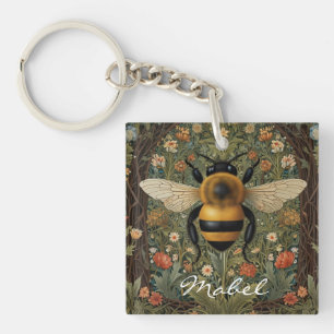 Elegant retro bumblebee boho botanical floral art key ring