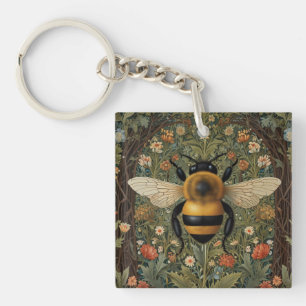 Elegant retro bumblebee boho botanical floral art key ring
