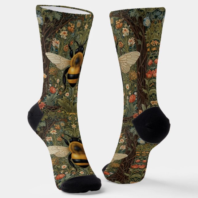 Elegant retro bumblebee boho botanical floral art socks (Angled)