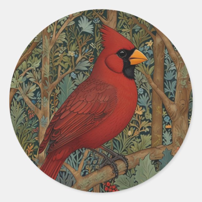 Elegant Retro Cardinal Art Nouveau red bird  Classic Round Sticker (Front)