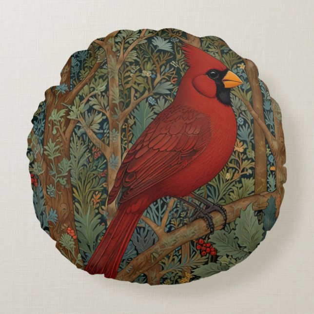 Elegant Retro Cardinal Art Nouveau red bird  Round Cushion (Front)