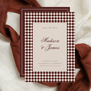 Elegant Retro Checkered Red Beige Wedding Save The Date