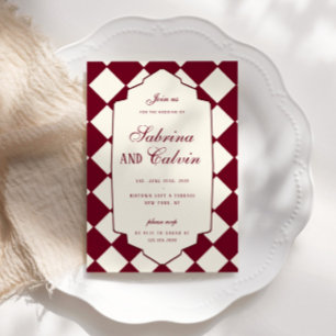 Elegant Retro Chequered Burgundy Wedding Invitation