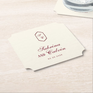 Elegant Retro Chequered Burgundy Wedding Paper Coaster