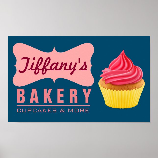 Elegant Retro Cute Cake Shop Pink Cupcake Bakery Poster (Front)