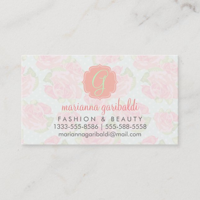 Elegant Retro Floral Pink Mint Girly Personalised Business Card (Front)