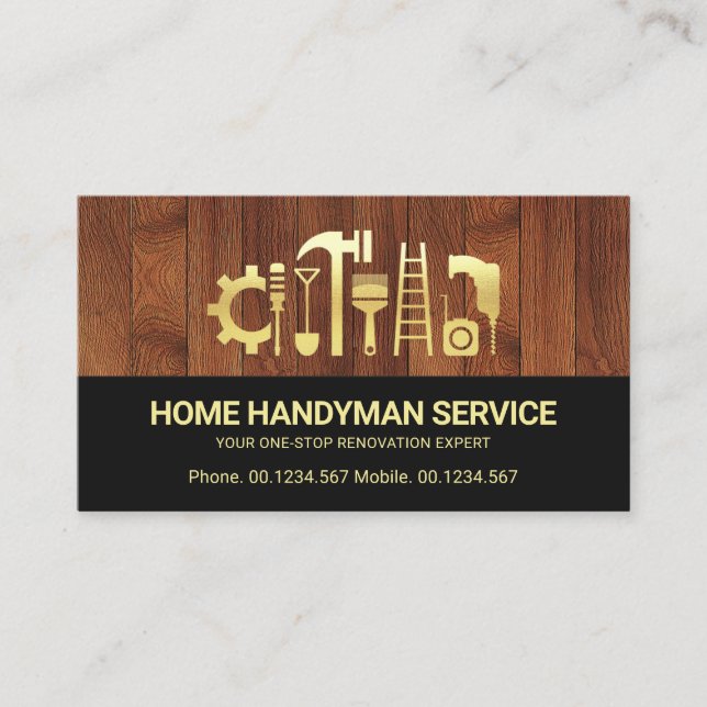 Elegant Retro Gold Handyman Tools Motif Carpenter Business Card (Front)