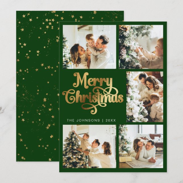 Elegant Retro Green & Faux Gold Christmas Family Holiday Card (Front/Back)