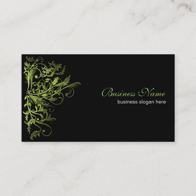 Elegant Retro Green Flower Swirls Business Card (Front)