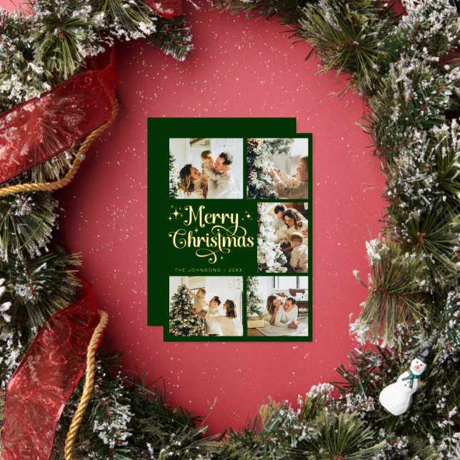 Elegant Retro Green & Gold Merry Christmas Family Foil Holiday Card (Insitu)