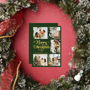 Elegant Retro Green & Gold Merry Christmas Family Foil Holiday Card