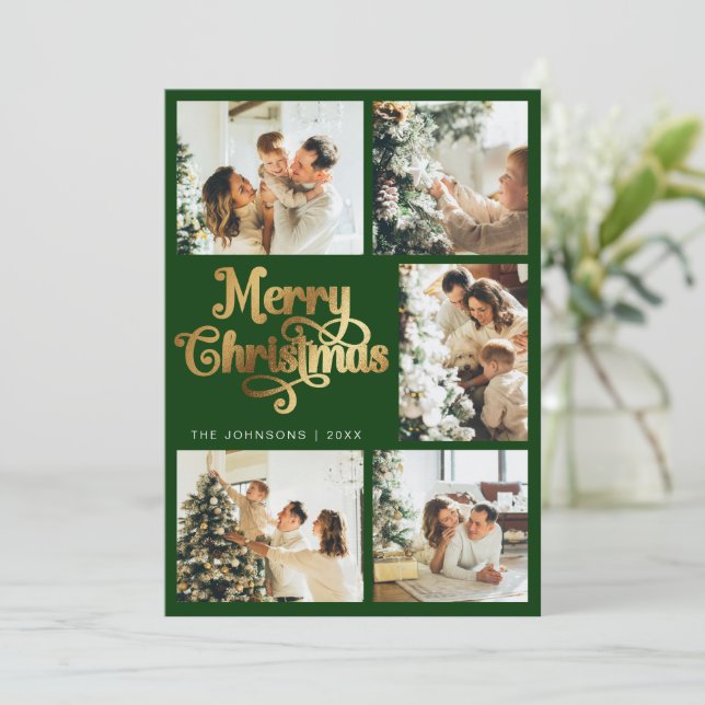 Elegant Retro Green & Gold Merry Christmas Family Holiday Card (Standing Front)