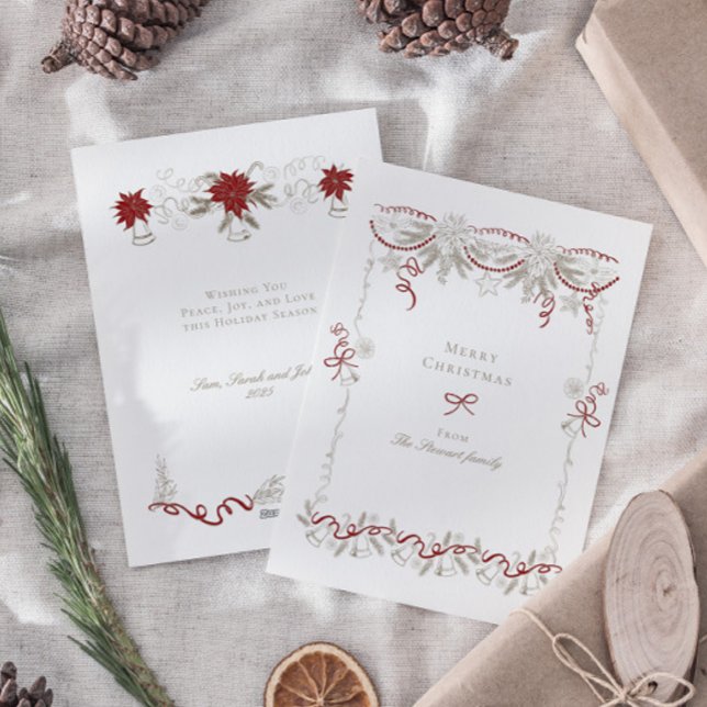 Elegant Retro Hand Drawn Christmas Wreath Holiday Card (Elegant Vintage Retro Merry Christmas Wreath Holiday Card)