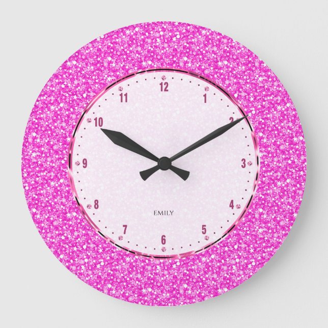 Elegant Retro Hot-Pink Glitter And Sparkles Large Clock (Front)