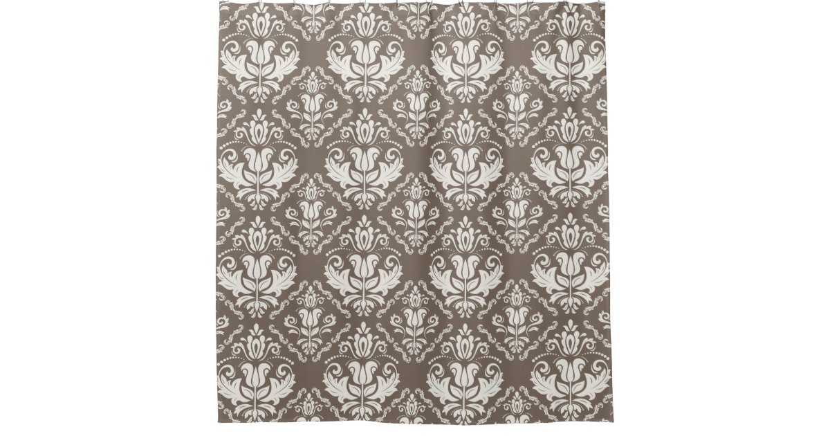 Elegant Retro Ivory Brown Damask Brocade Pattern Shower ...