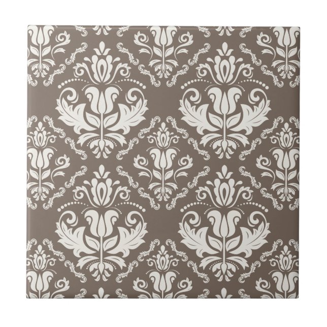 Elegant Retro Ivory Damask Brocade Brown Pattern Tile (Front)