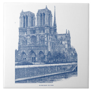Elegant retro Notre Dame de Paris Indigo Blue Tile