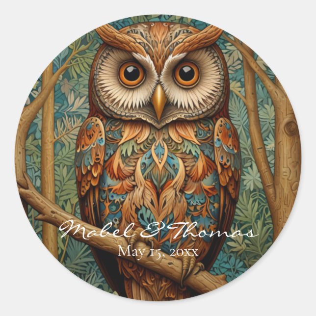 Elegant retro owl boho bohemian forest greenery  classic round sticker (Front)